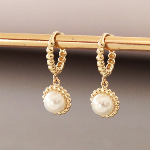 PE0066 925 Sterling Silver Beaded Round Pearl Dangle Earrings