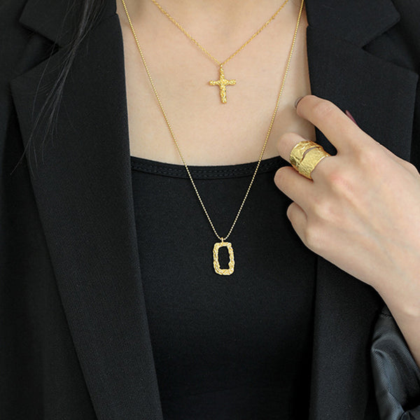 RHX1027 Hammered Rectangle Pendant Bead Chain Necklace