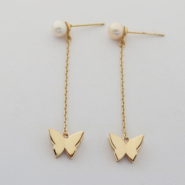 PE0072 925 Sterling Silver Butterfly Shell Pearl Long Chain Drop Stud Earring