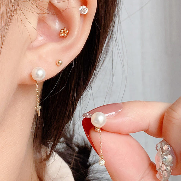 PE0082 925 Sterling Silver Shell Pearl CZ Cross Link Chain Drop Stud Earring