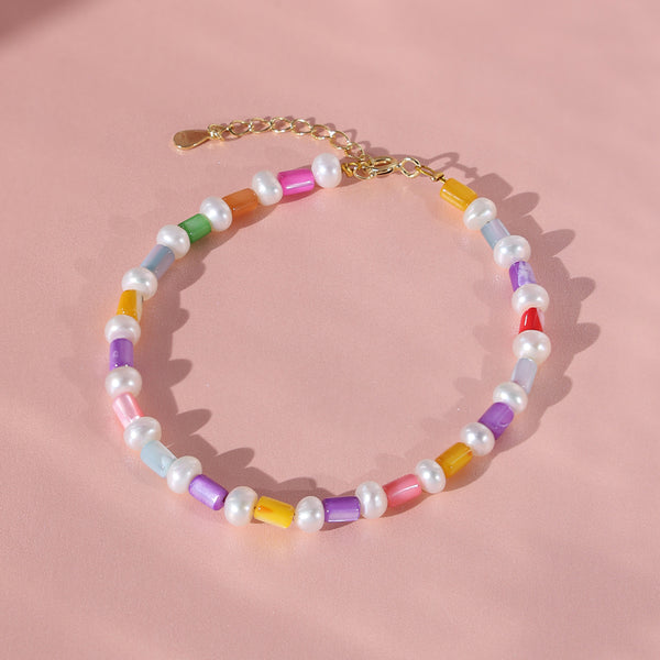 PB0008 925 Sterling Silver Rainbow Shell Bar & Freshwater Pearl Bracelet