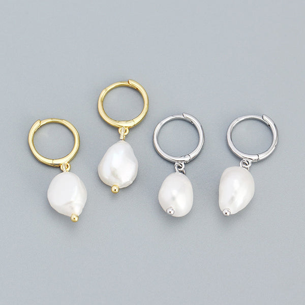 YHE092 925 Sterling Silver Freshwater Pearl Dangling Hoop Earrings