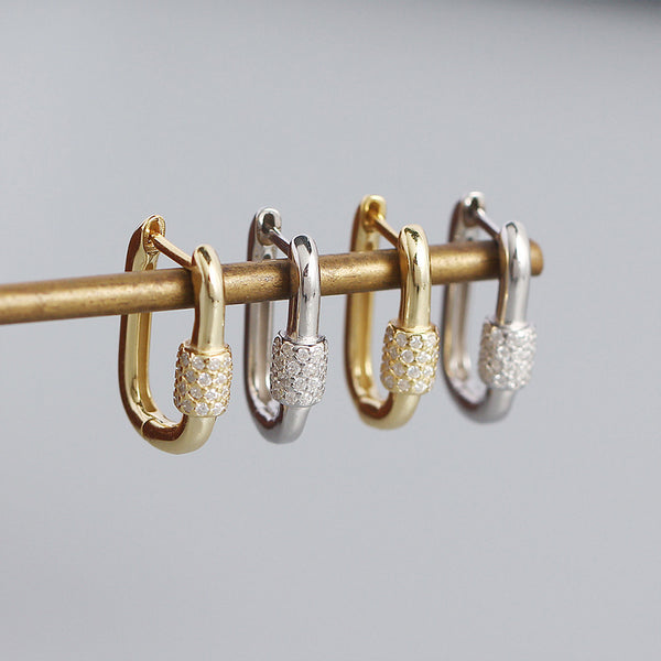 YHE0345 925 Sterling Silver Danity Cubic Zirconia Carabiner Hoop Earrings