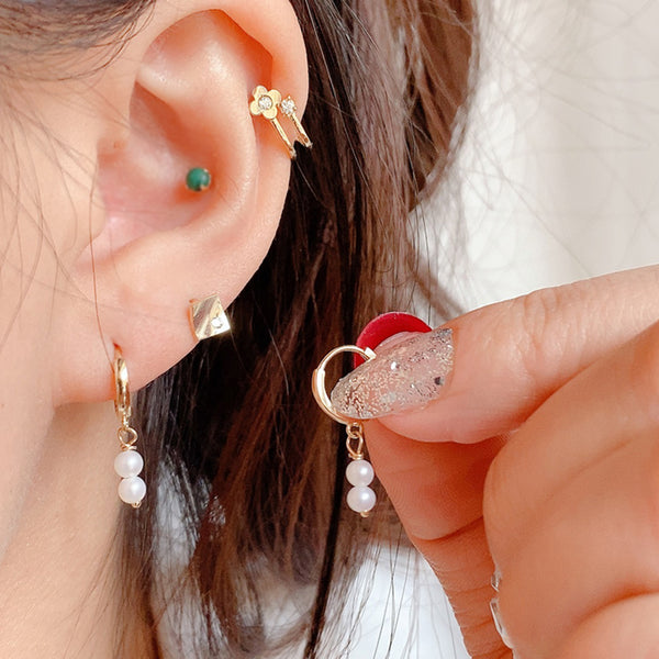 PE0077 925 Sterling Silver Double Freshwater Pearl Drop Hoop Earring