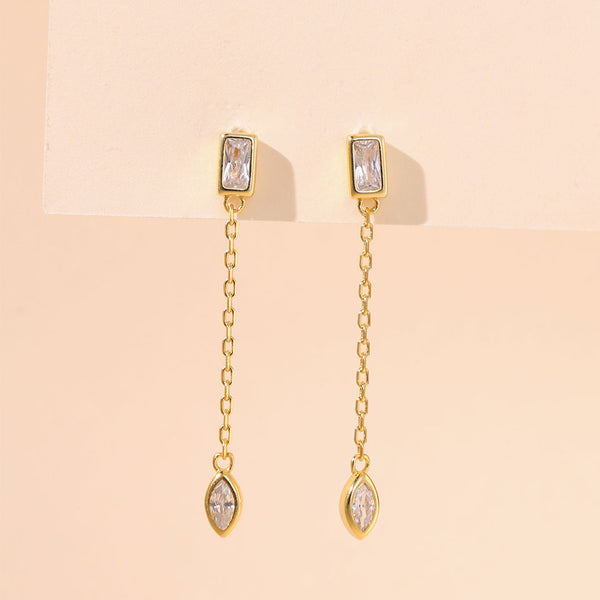 YHE0295 925 Sterling Silver Bezel Cubic Zirconia Long Chain Earring