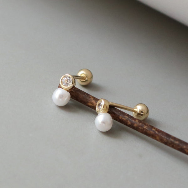 PE0081 925 Sterling Silver Dainty Bezel Set CZ Freshwater Pearl Barbell Stud Earring