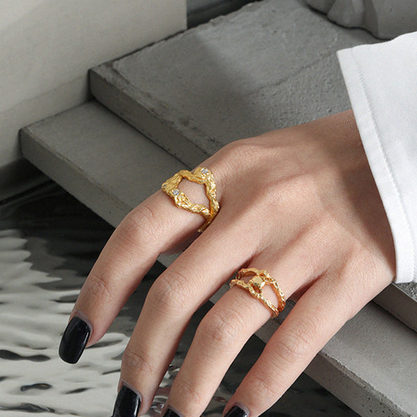 RHJ1128 925 Sterling Silver Irregular Face Micropaved Zircon Texture Open Ring