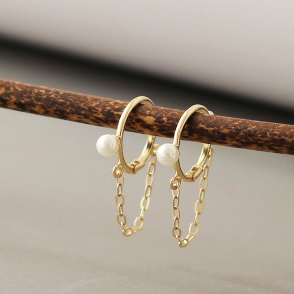 PE0099 925 Sterling Silver Freshwater Pearl Link Chain Hoop Earrings