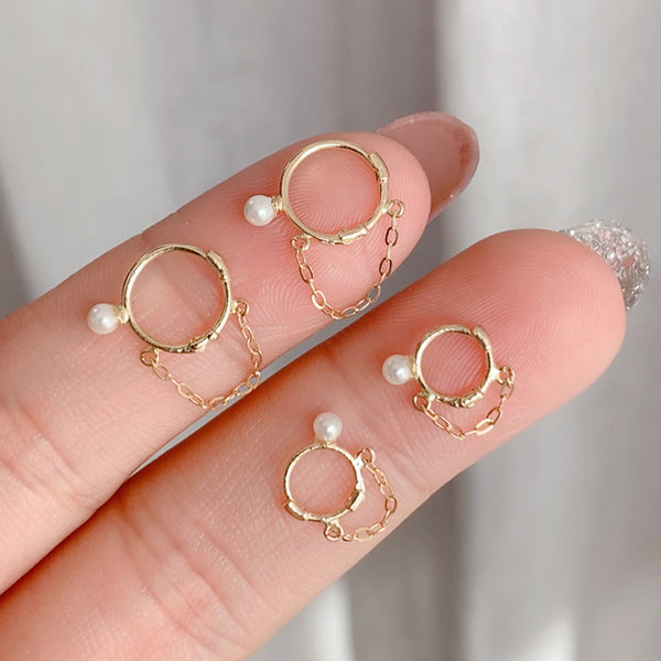 PE0099 925 Sterling Silver Freshwater Pearl Link Chain Hoop Earrings