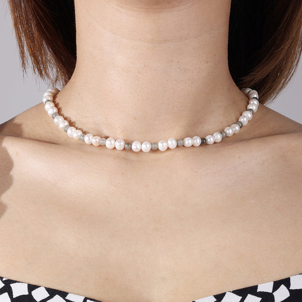 PN0017 925 Sterling Silver Glitter Stone Freshwater Pearl Bead Necklace