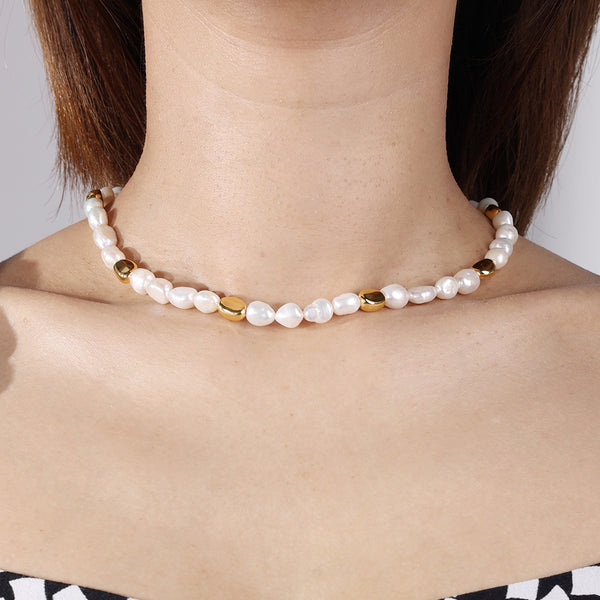 PN0037 925 sterling silver Gold Bead & 8-9MM Freshwater Pearl Women Choker Necklace