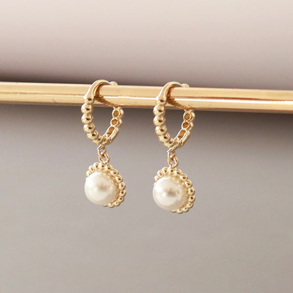 PE0066 925 Sterling Silver Beaded Round Pearl Dangle Earrings