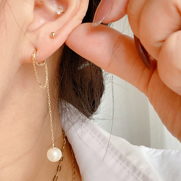 PE0079 925 Sterling Silver Double Chain White Pearl Drop Hoop Earring