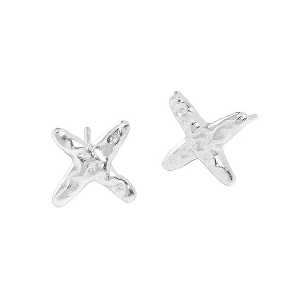 RHE1080 925 Sterling Silver Hammered Cross Mini Stud Earrings