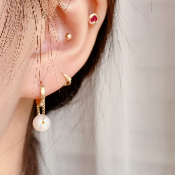 PE0085 925 Sterling Silver Link Chain Round Shell Pearl Drop Hoop Earring