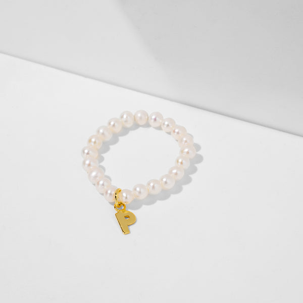 FJ0810 925 Sterling Silver Freshwater Pearl Letter A-Z Initial Ring