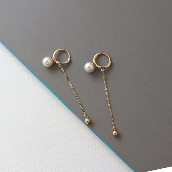 PE0057 925 Sterling Silver Gold Bead Freshwater Pearl Chain Hoop Earrings