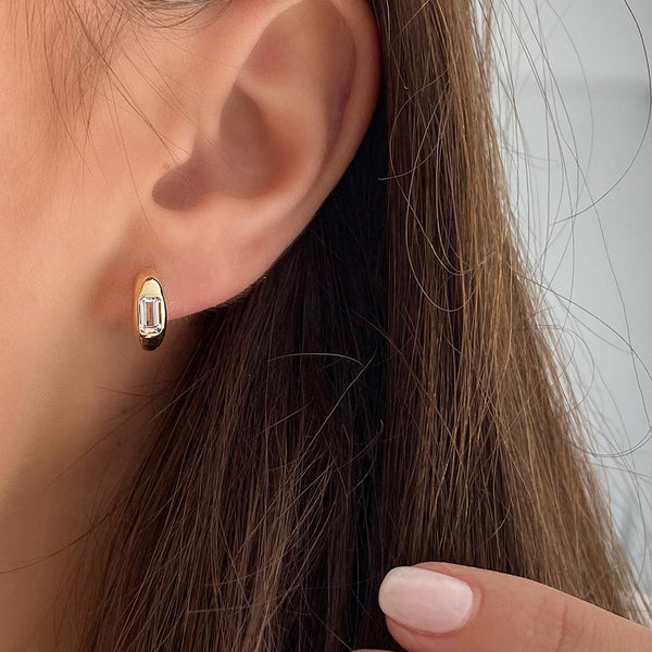 FE1965 925 Sterling Silver Buguette Cubic Zirconia Chunky Huggie Hoop Earrings