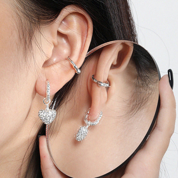 RHE1102 925 Sterling Silver Pave Cubic Zirconia Heart Hammered Huggie Earring