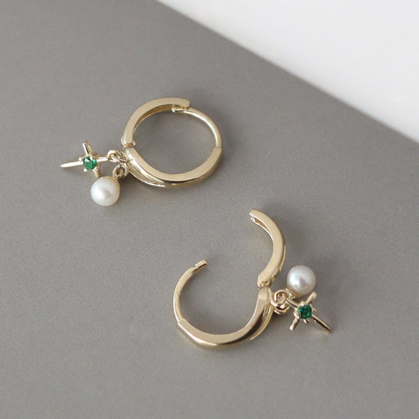 PE0093 925 Sterling Silver Trendy Freshwater Pearl Cross Dangle Hoop Earring