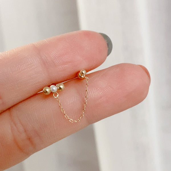 PE0095 925 Sterling Silver Gold Bead Freshwater Pearl Chain Barbell Stud Earring