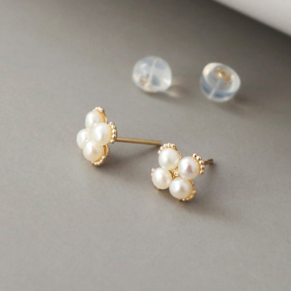 PE0092 925 Sterling Silver Quartet Plump Pearls Flower Stud Earrings