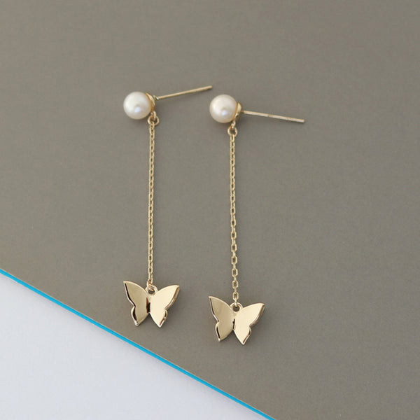 PE0072 925 Sterling Silver Butterfly Shell Pearl Long Chain Drop Stud Earring
