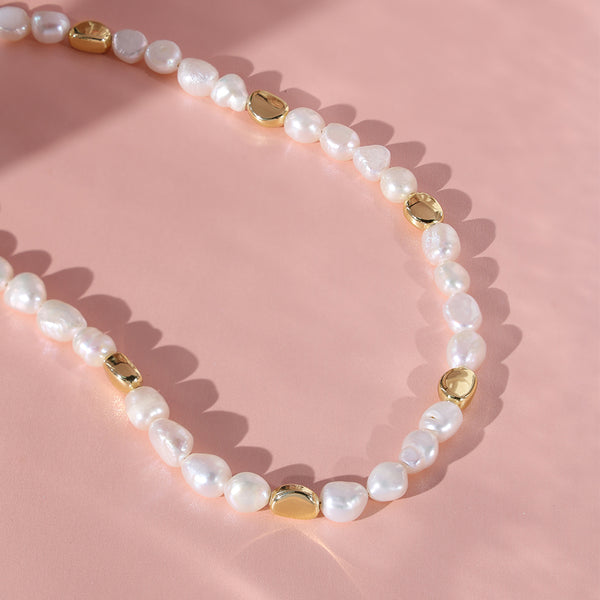 PN0037 925 sterling silver Gold Bead & 8-9MM Freshwater Pearl Women Choker Necklace