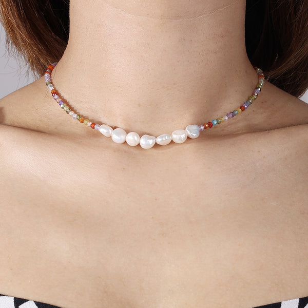 PN0029 925 sterling silver CZ Colorful Bead & Freshwater Pearl Necklace
