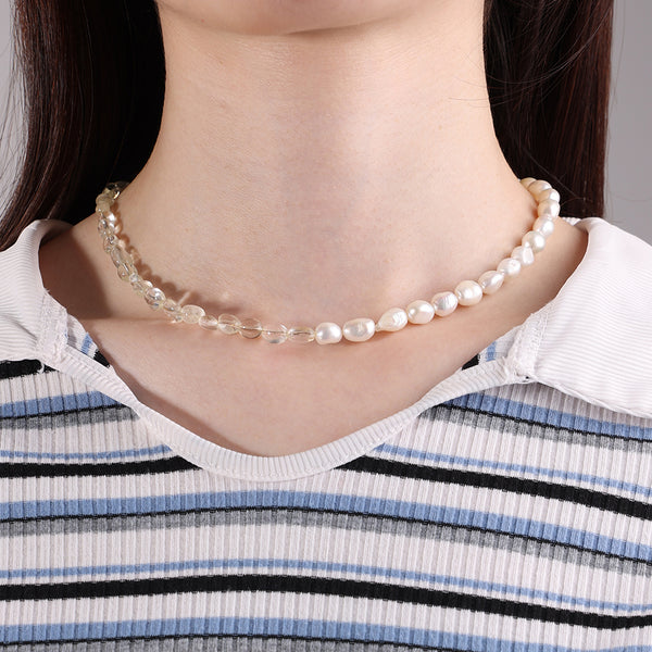 PN0020 925 Sterling Silver Freshwater Pearl Yellow Crystal Bead Necklace