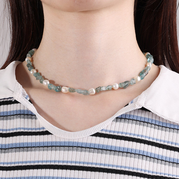 PN0009 925 Sterling Silver Blue Crystal Frehwater Pearl Necklace