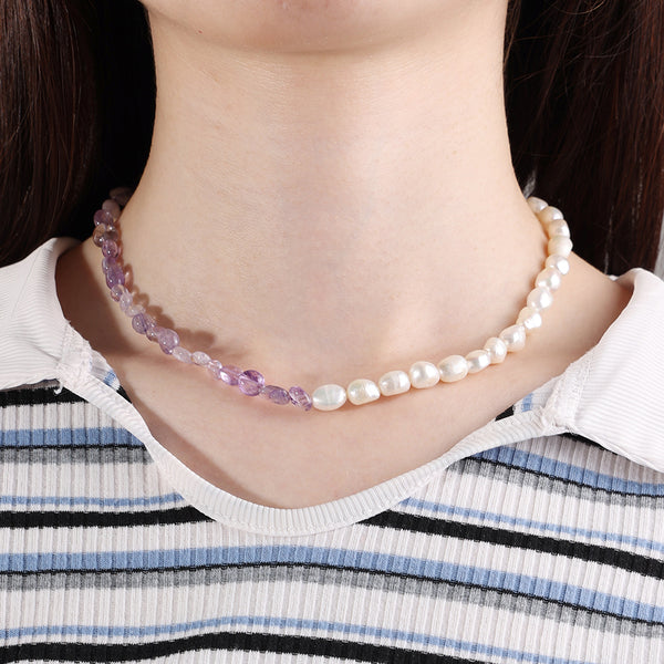 PN0023 925 sterling silver Purple Apatite Stone & Freshwater Pearl Bead Necklace