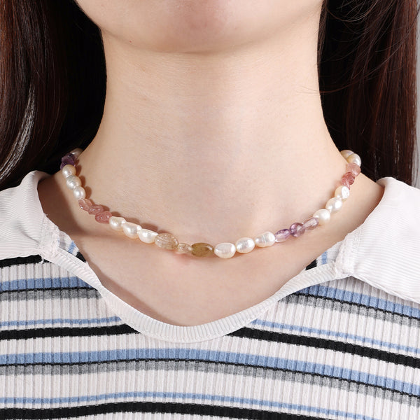 PN0056 925 Sterling Silver Colorful Stone & Freshwater Pearl Choker Necklace