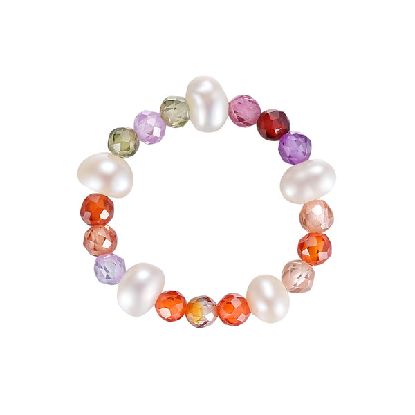 PR0005 Rainvow Cubic Zirconia Freshwater Pearl Elasticity Adjustable Ring