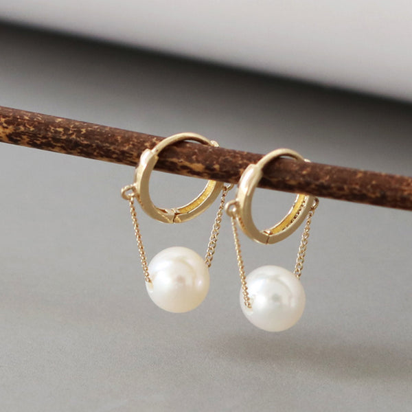 PE0085 925 Sterling Silver Link Chain Round Shell Pearl Drop Hoop Earring