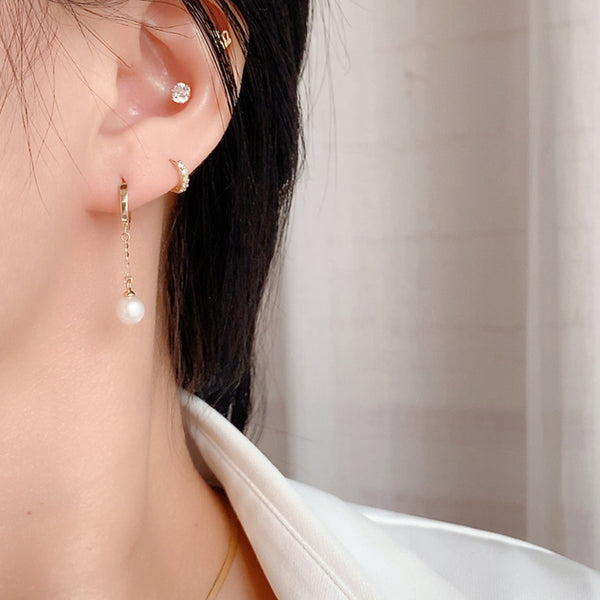 PE0100 925 Sterling Silver Dainty Women Pearl Link Chain Drop Stud Earring