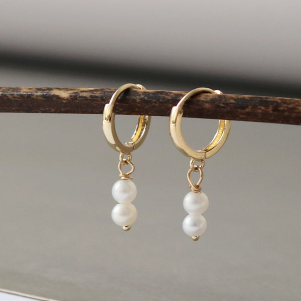 PE0077 925 Sterling Silver Double Freshwater Pearl Drop Hoop Earring