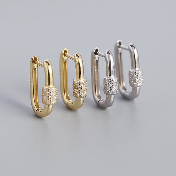 YHE0345 925 Sterling Silver Danity Cubic Zirconia Carabiner Hoop Earrings
