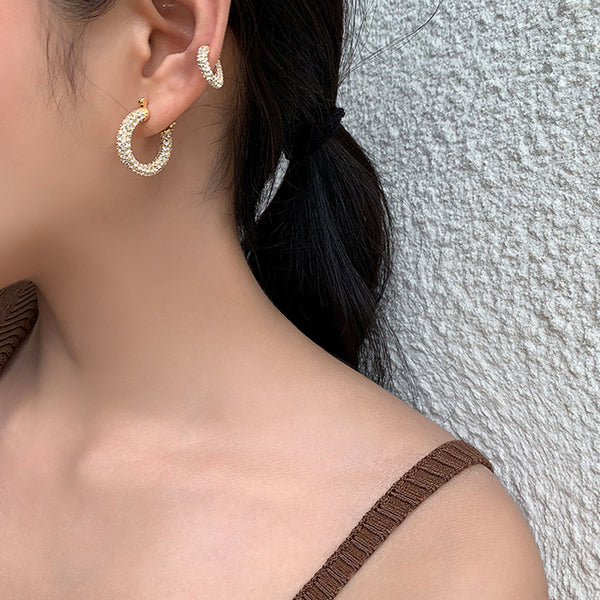 FE1187 925 Sterling Silver Pave Diamond Big Hoops Earrings