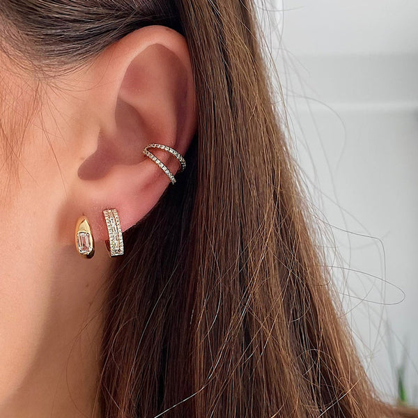 FE1965 925 Sterling Silver Buguette Cubic Zirconia Chunky Huggie Hoop Earrings