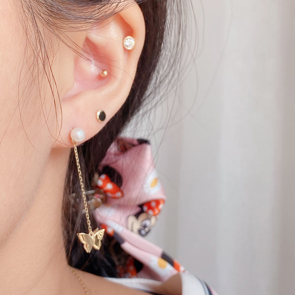 PE0072 925 Sterling Silver Butterfly Shell Pearl Long Chain Drop Stud Earring