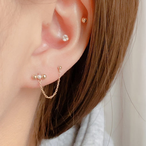 PE0095 925 Sterling Silver Gold Bead Freshwater Pearl Chain Barbell Stud Earring