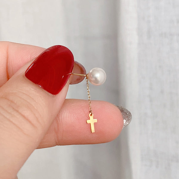 PE0082 925 Sterling Silver Shell Pearl CZ Cross Link Chain Drop Stud Earring