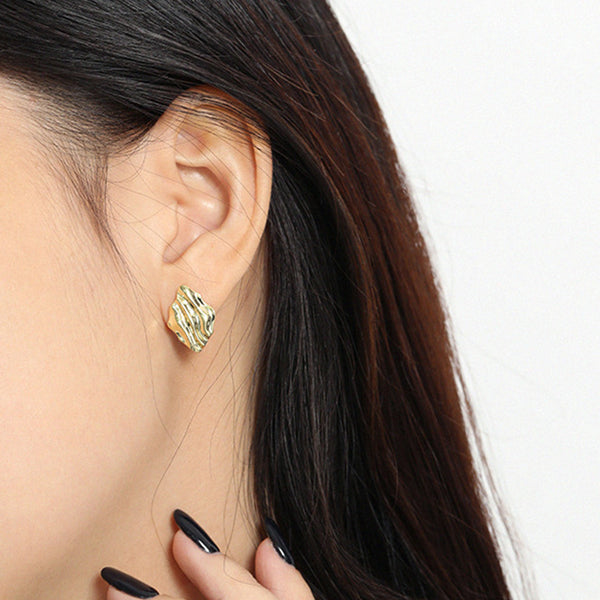 RHE1094 925 Sterling Silver Texture Gold Women Stud Earrings
