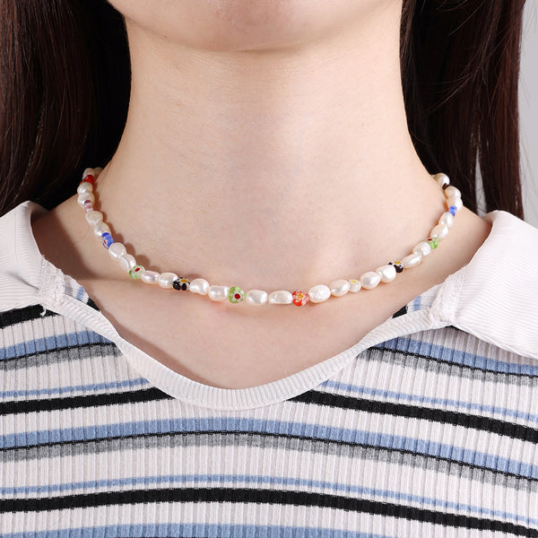 PN0039 925 Sterling Silver Mixed Color Heart Glass Beads & Freshwater Pearl Necklace