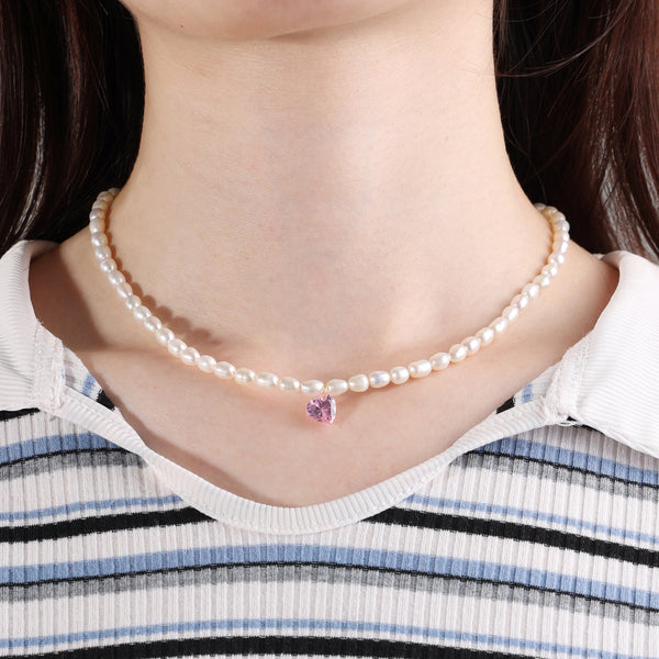 PN0063 925 Sterling Silver 8MM Pink CZ & Freshwater Pearl Choker Necklace