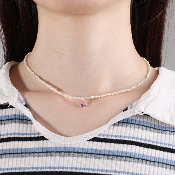 PN0060 925 Sterling Silver Waterdrop Cubic Zirconia & Freshwater Pearl Necklace