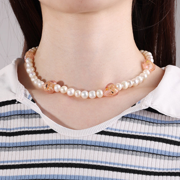 PN0001 925 Sterling Silver 8-9MM Freshwater Pearl Crystal Heart Necklace