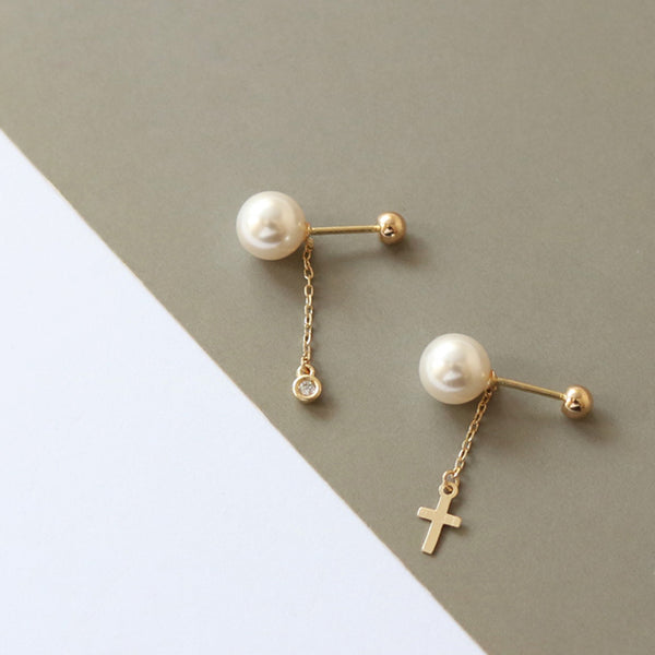 PE0082 925 Sterling Silver Shell Pearl CZ Cross Link Chain Drop Stud Earring
