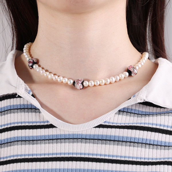 PN0019 925 Sterling Silver Heart Glass Bead Stone Freshwater Pearl Necklace
